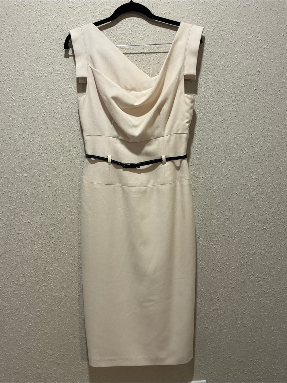 Black Halo Cream Cowl-Neck Midi Dress with Slim Belt